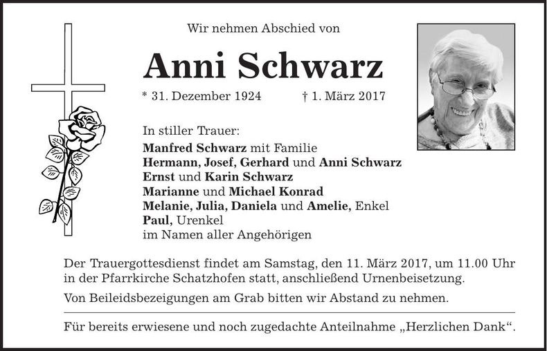 Traueranzeige Anni Schwarz
