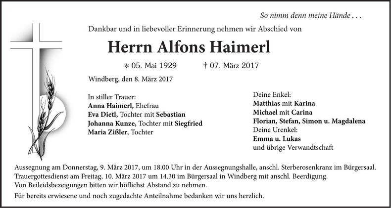 Traueranzeige Alfons Haimerl