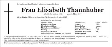 Traueranzeige Elisabeth Thannhuber