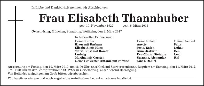 Traueranzeige Elisabeth Thannhuber
