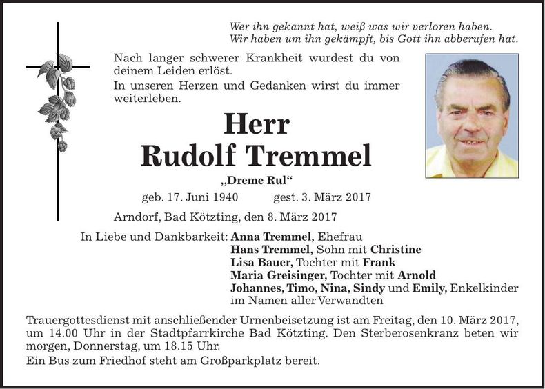 Traueranzeige Rudolf Tremmel