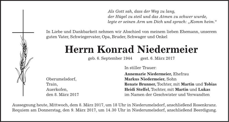 Traueranzeige Konrad Niedermeier