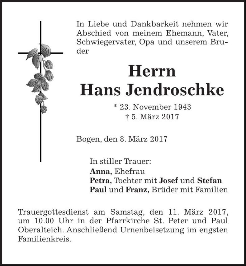 Traueranzeige Hans Jendroschke