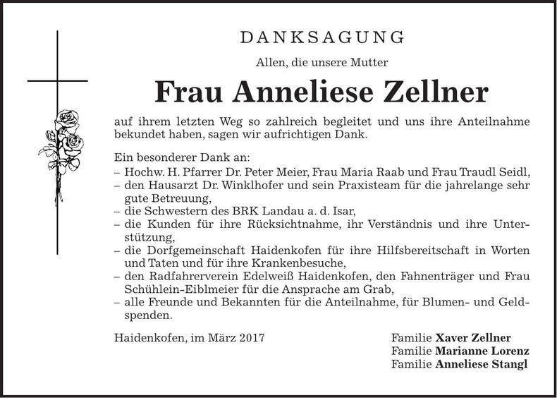 Traueranzeige Anneliese Zellner