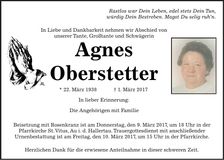 Traueranzeige Agnes Oberstetter