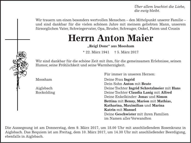 Traueranzeige Anton Maier