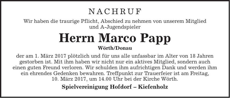 Traueranzeige Marco Papp