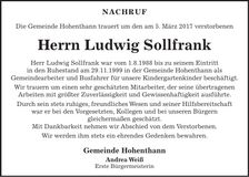 Traueranzeige Sollfrank Ludwig