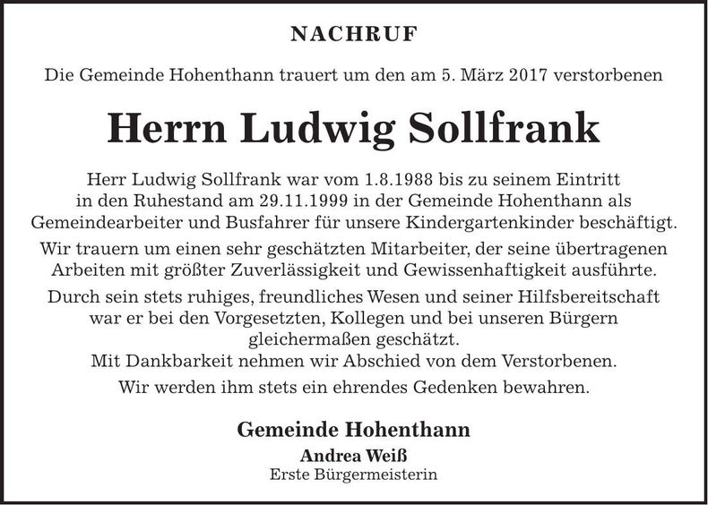 Traueranzeige Sollfrank Ludwig