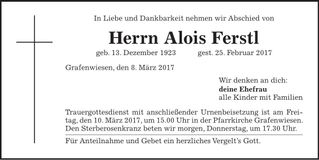 Traueranzeige Alois Ferstl