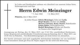 Traueranzeige Edwin Meinzinger