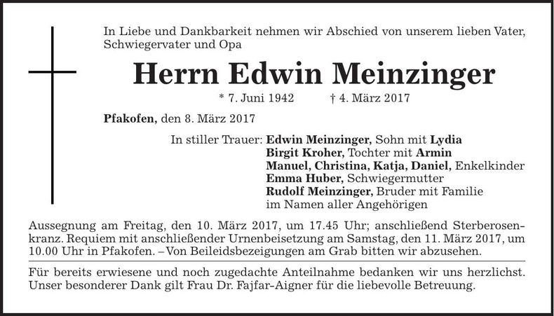 Traueranzeige Edwin Meinzinger