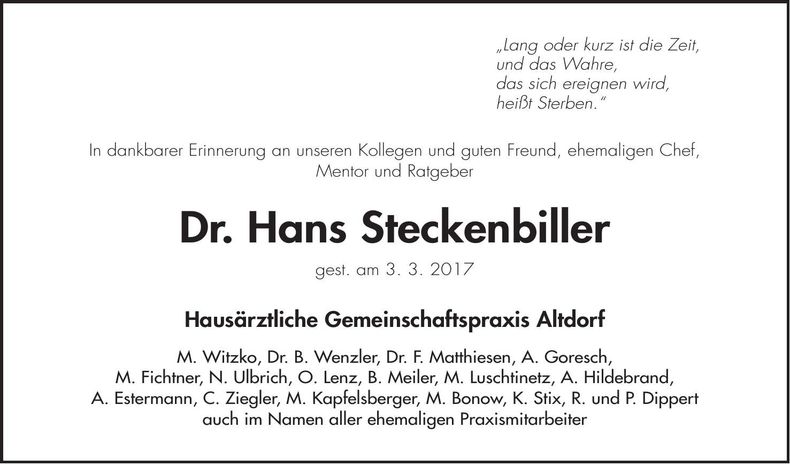 Traueranzeige Hans Steckenbiller