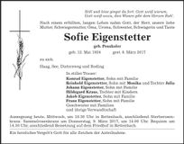 Traueranzeige Sofie Eigenstetter