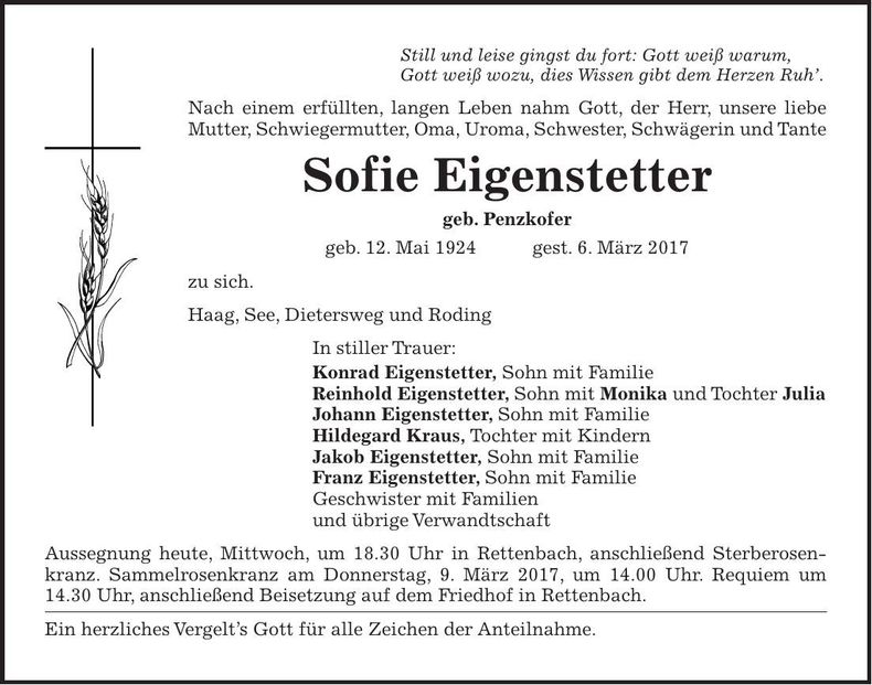 Traueranzeige Sofie Eigenstetter