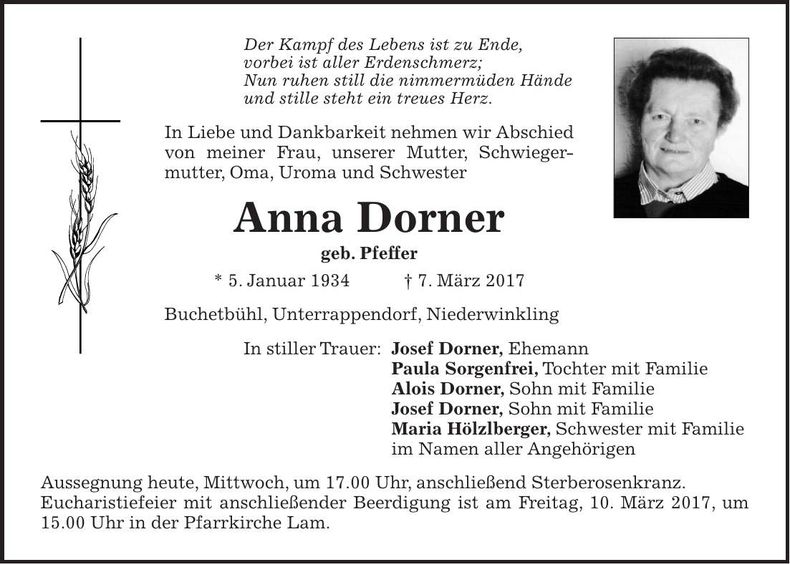 Traueranzeige Anna Dorner