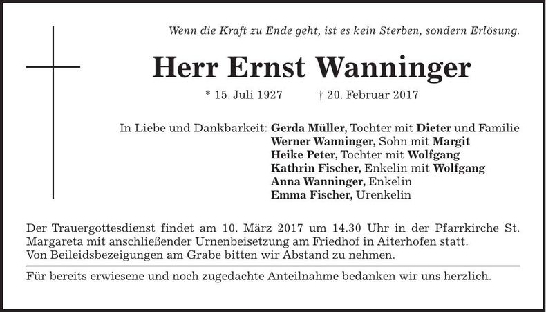 Traueranzeige Ernst Wanninger