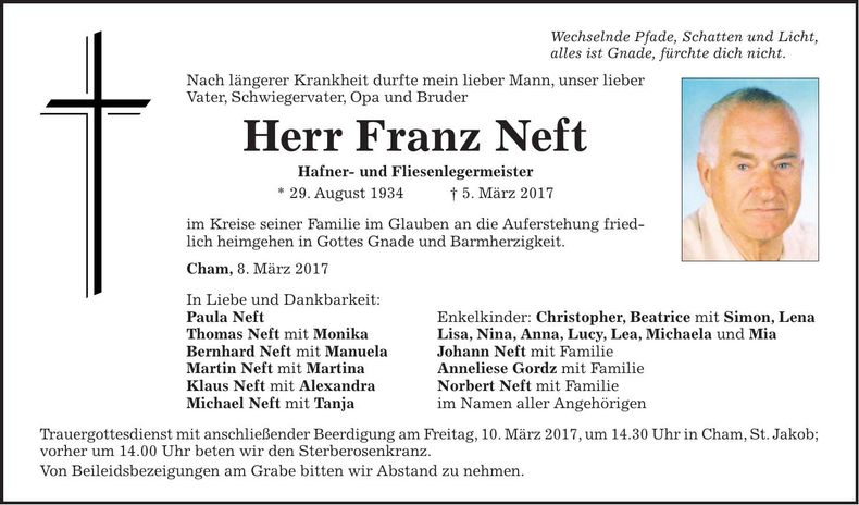 Traueranzeige Franz Neft