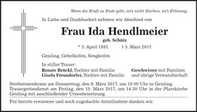 Traueranzeige Ida Hendlmeier