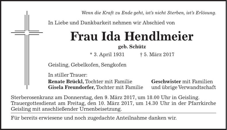 Traueranzeige Ida Hendlmeier