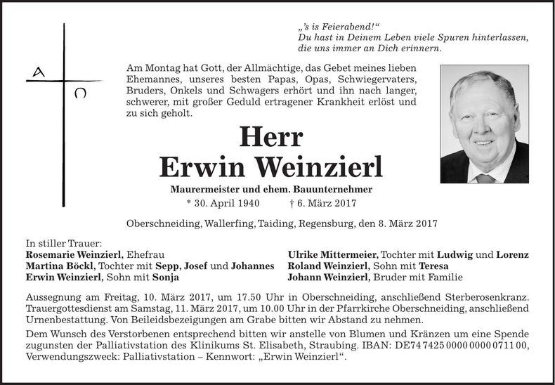 Traueranzeige Erwin Weinzierl
