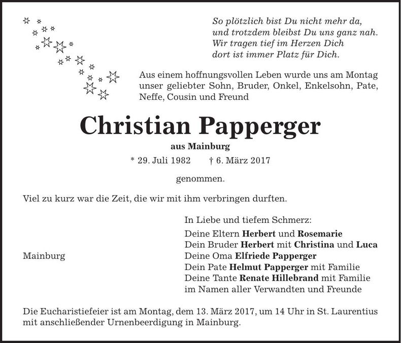 Traueranzeige Christian Papperger