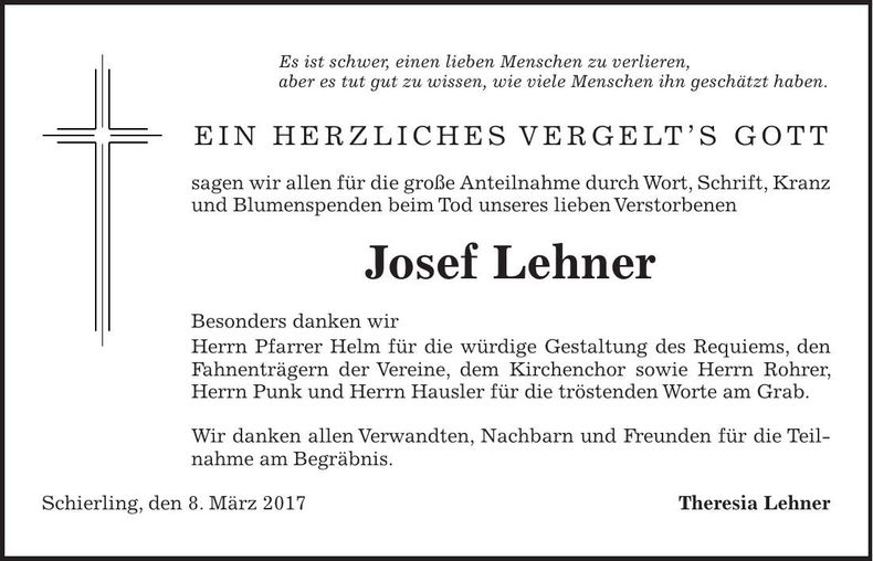 Traueranzeige Josef Lehner