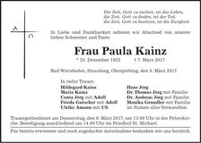 Traueranzeige Paula Kainz