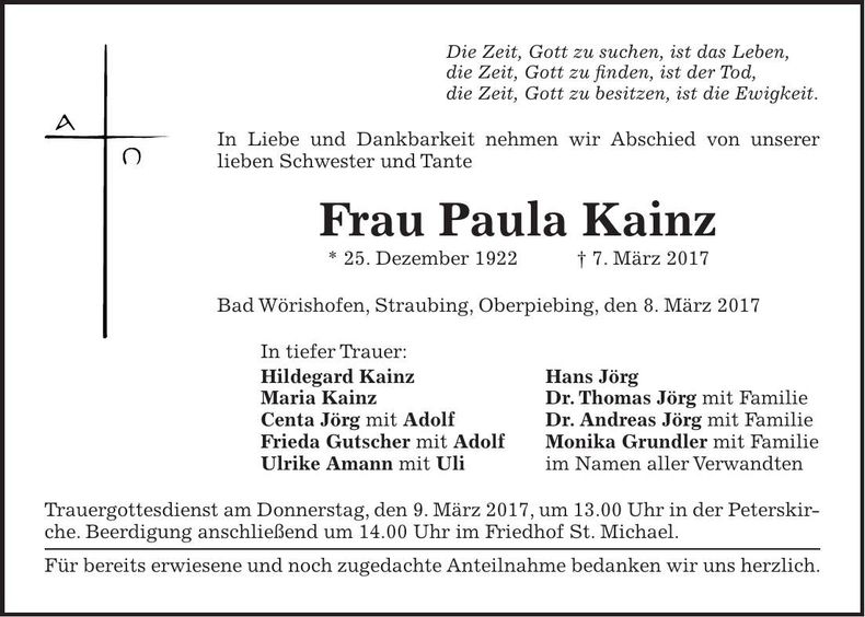 Traueranzeige Paula Kainz