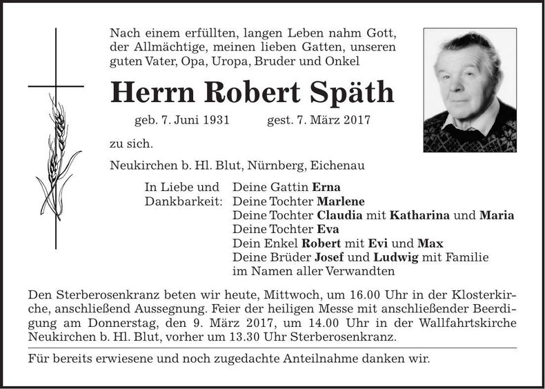 Traueranzeige Robert Späth