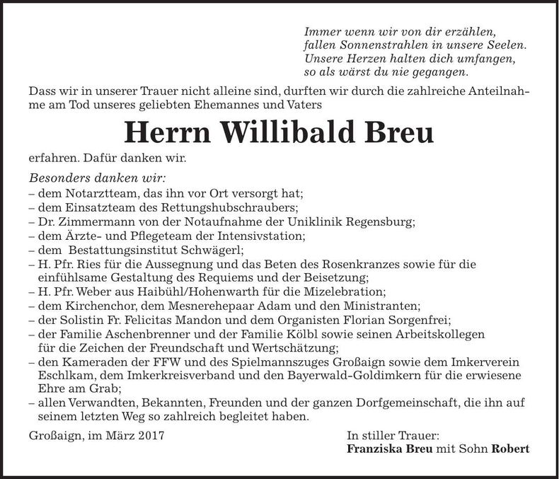 Traueranzeige Willibald Breu