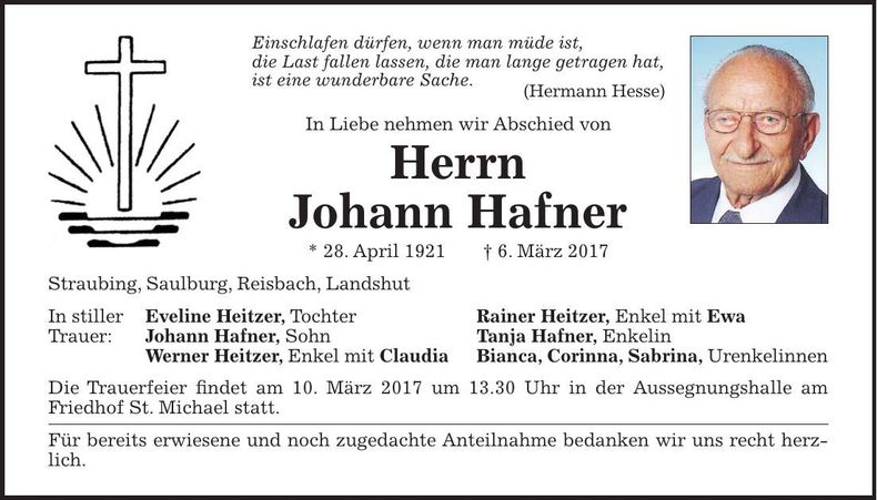 Traueranzeige Johann Hafner
