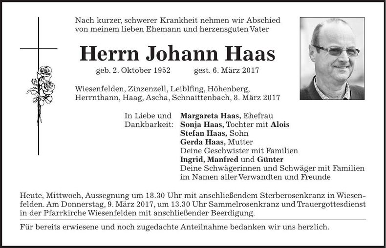 Traueranzeige Johann Haas