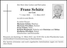 Traueranzeige Franz Schätz