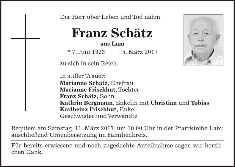 Traueranzeige Franz Schätz