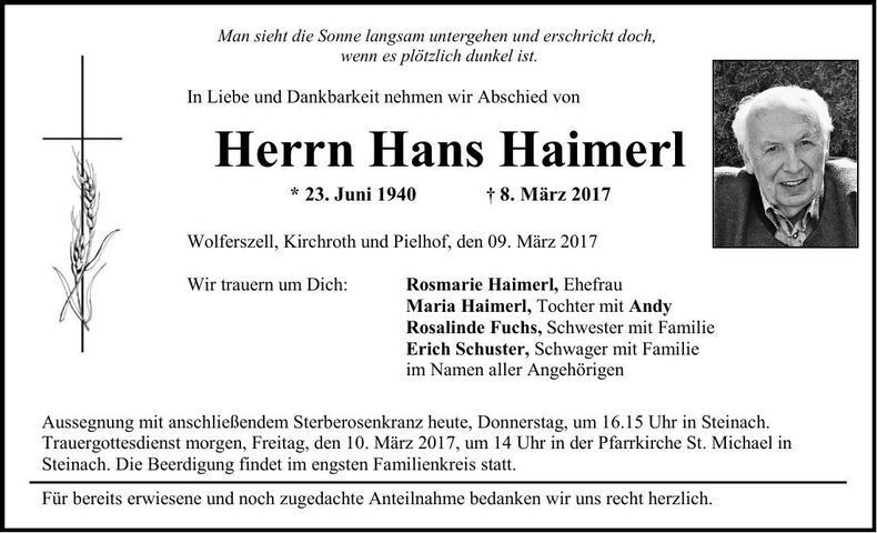 Traueranzeige Hans Haimerl