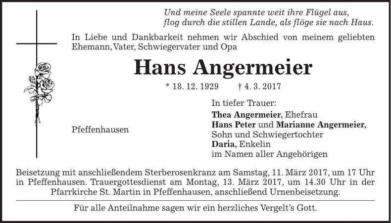Traueranzeige Hans Angermeier