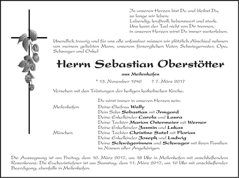 Traueranzeige Sebastian Oberstötter