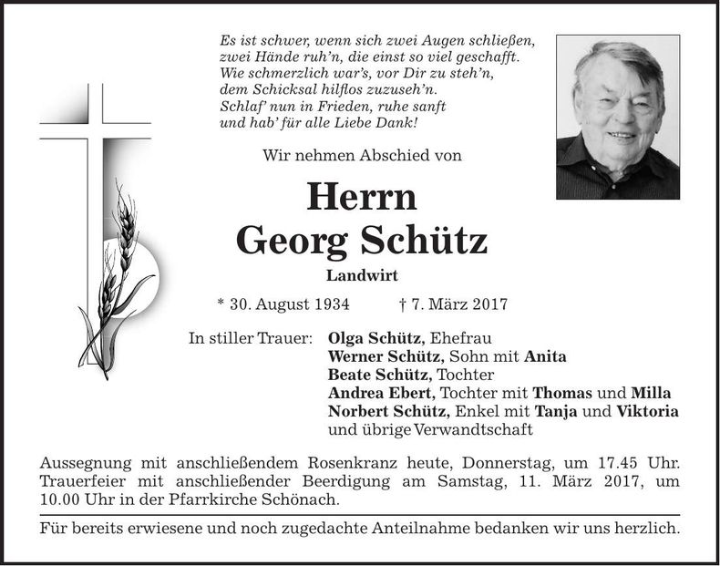 Traueranzeige Georg Schütz