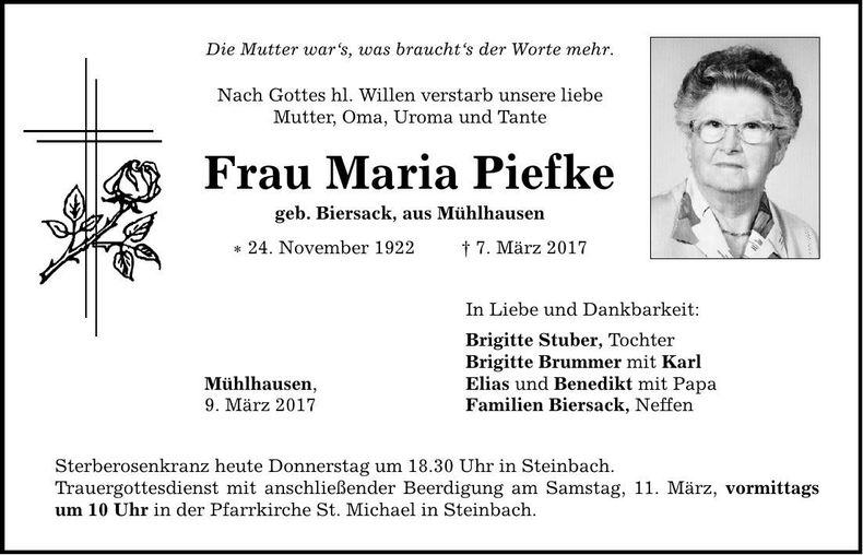 Traueranzeige Maria Piefke