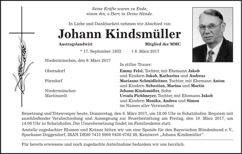 Traueranzeige Johann Kindsmüller