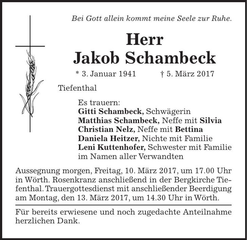 Traueranzeige Jakob Schambeck