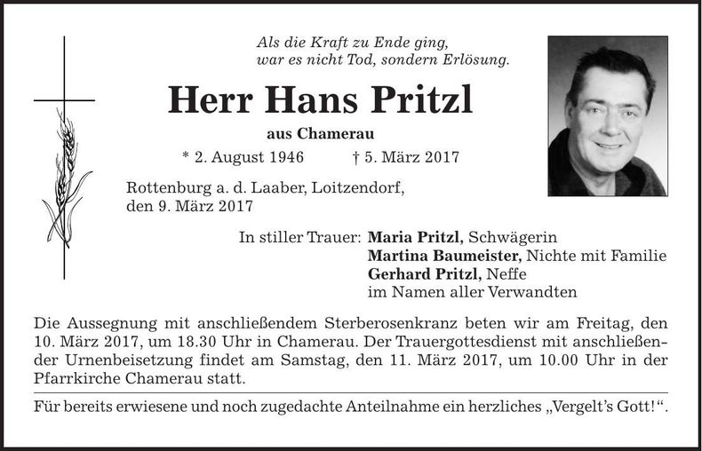 Traueranzeige Hans Pritzl