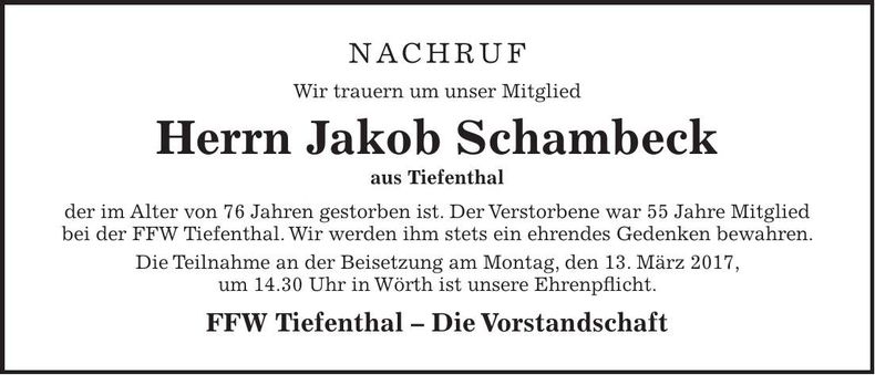 Traueranzeige Jakob Schambeck