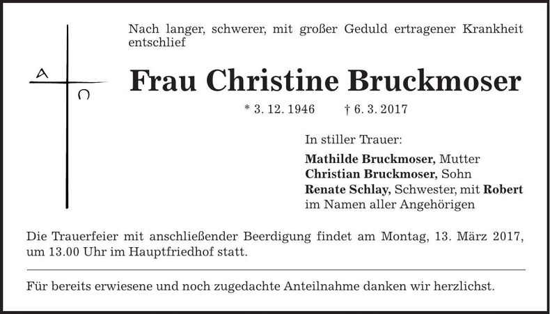 Traueranzeige Christine Bruckmoser