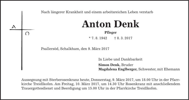 Traueranzeige Anton Denk