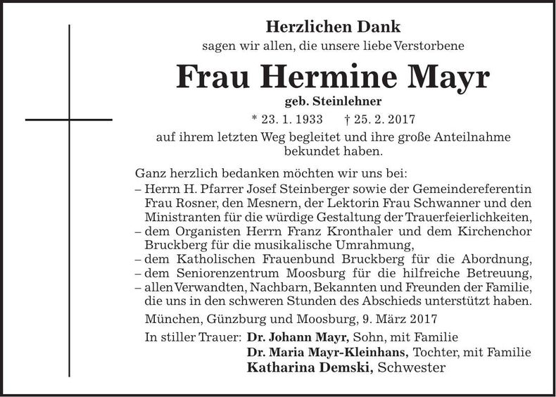 Traueranzeige Hermine Mayr