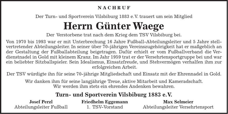 Traueranzeige Günter Waege