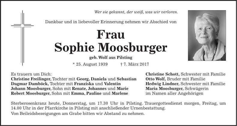 Traueranzeige Sophie Moosburger