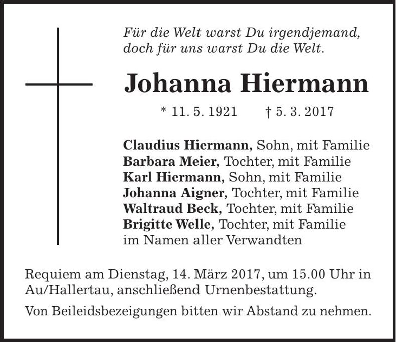 Traueranzeige Johanna Hiermann